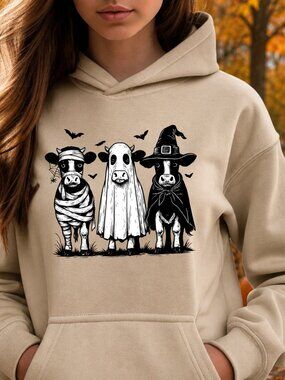 Halloween Cow HOODIE Graphic Sweatshirt Unisex Fall Autumn Ghost Witch Costume